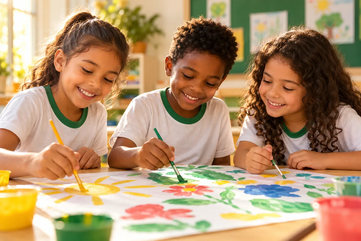 Imagem ilustrativa gerada por IA: Três crianças pintando flores e formas coloridas em uma atividade coletiva