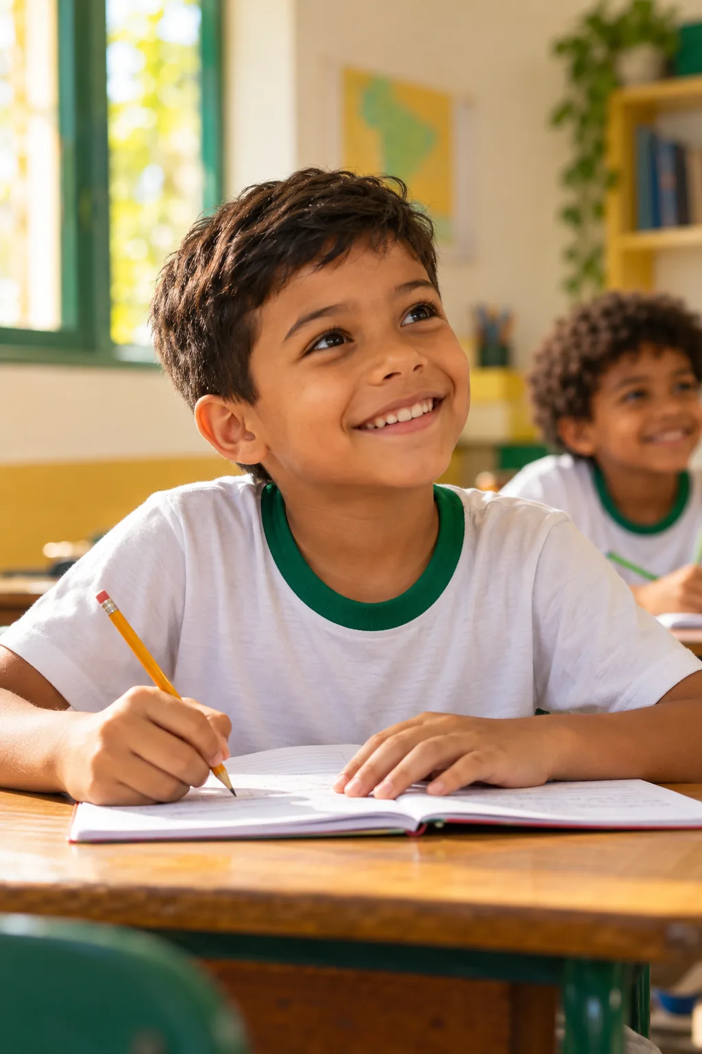 Imagem ilustrativa gerada por IA: Criança escrevendo no caderno durante uma atividade em sala