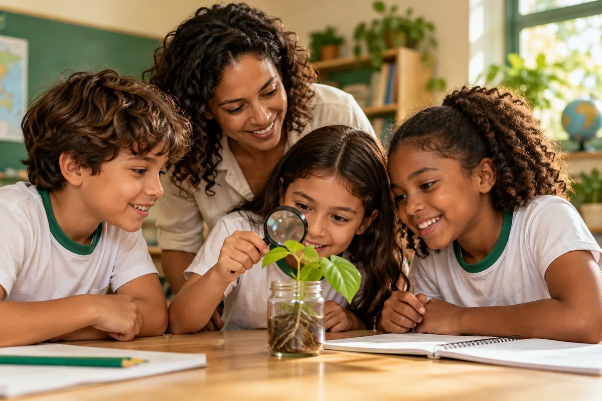 Imagem ilustrativa gerada por IA: Crianças e professora observando uma muda de planta com uma lupa
