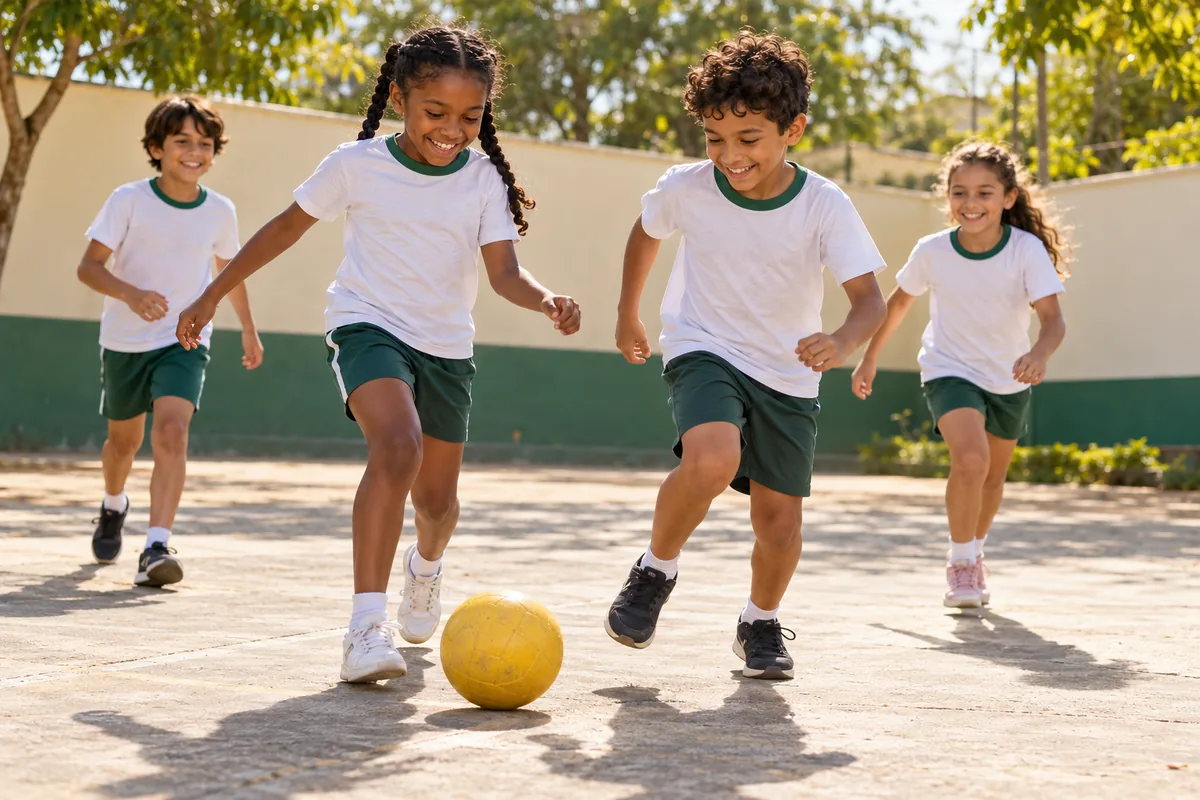 Imagem ilustrativa gerada por IA: Crianças brincando juntas com uma bola amarela ao ar livre